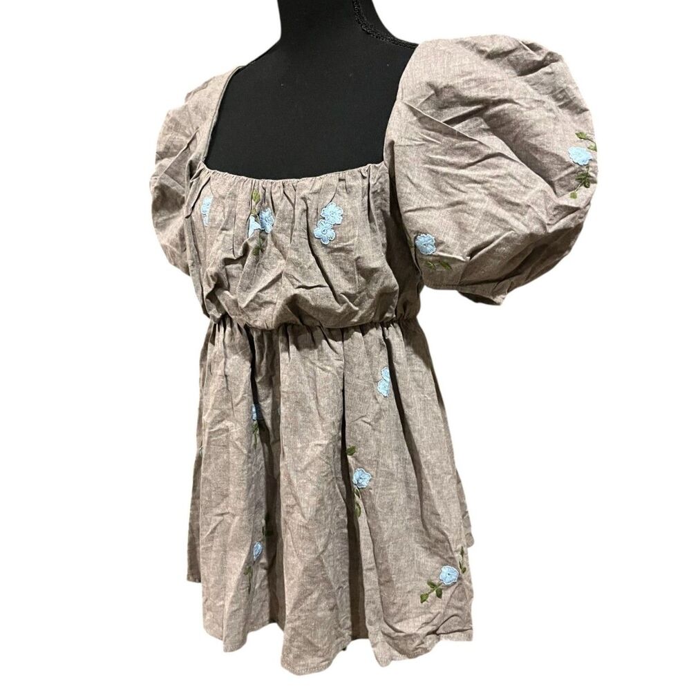 MI GOLONDRINA Square Neckline Short Puff Sleeve Blouse GRAY Sz M